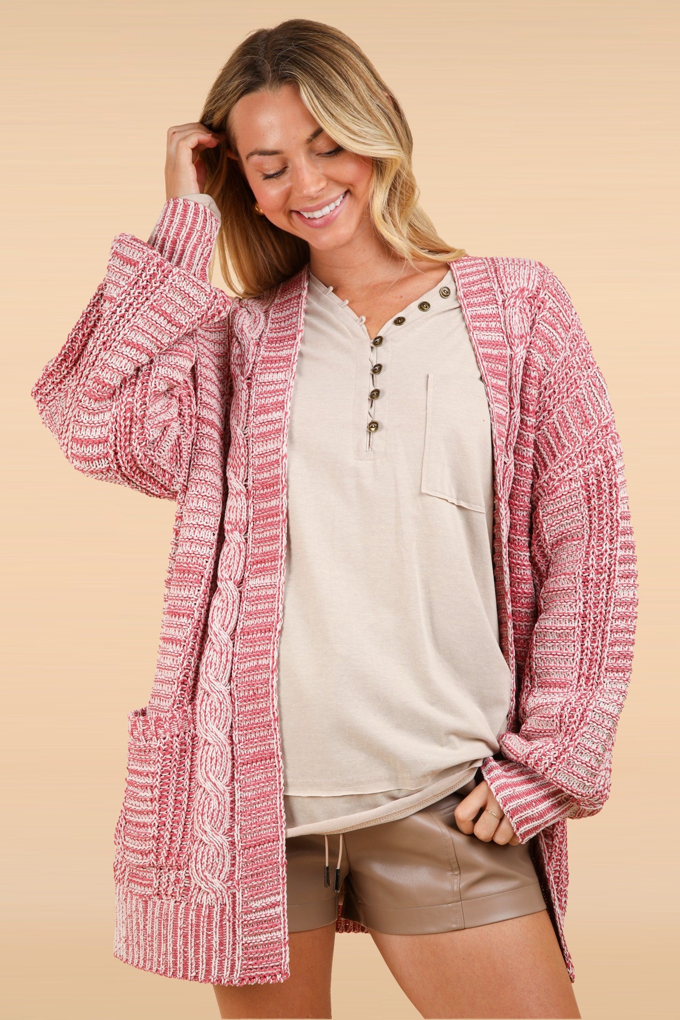 VERY J Cable Knit Open Front Cardigan